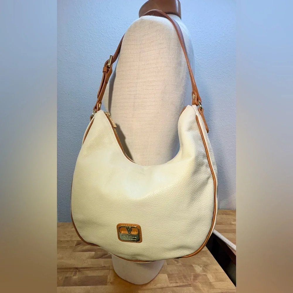 Valentina Italian Leather Hobo Bag Cream & Tan Shoulder Purse